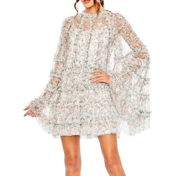 NWT Mac Duggal Floral Mesh Ruffle A-Line Mini Dress Long Bell Sleeves Sz 8 - Picture 1 of 8